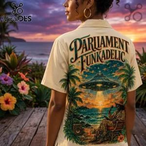 Parliament Funkadelic Beige Hawaiian Shirt showing a graphic of a UFO, sunset, palm trees, and a musician on the back.