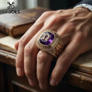 Omega Psi Phi Howard University Bulldog ring in gold featuring a purple center stone with Greek lettering and 1911 date.
