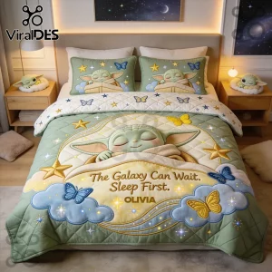 Personalized Grogu Galaxy Bedding Set featuring a sleeping Grogu character, butterflies, stars, and custom name Olivia.