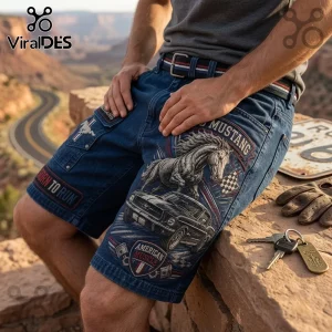 Ford Mustang American Muscle Navy Blue Casual Shorts featuring a detailed galloping horse and vintage car graphic print.