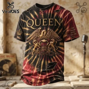 Queen The Show Must Go On tie dye t-shirt featuring a gold crest, lions, and distressed black and red fabric textures.