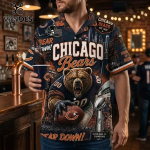 Chicago Bears 1985 Champions Hawaiian shirt featuring a growling bear mascot, Super Bowl trophy, and team graphics.
