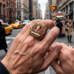 Tim Curry Pennywise Tribute Engraved Gold Ring featuring a portrait, ornate gold details, and ruby accents on a hand.