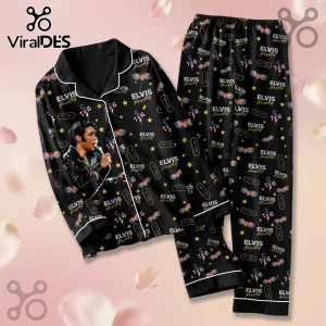 Elvis Presley Premium Black Satin Pajama Set featuring a repeating pattern of the singer, yellow stars, and microphones.
