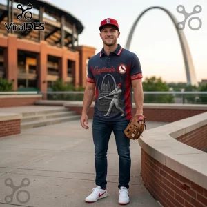 St. Louis Cardinals Busch Stadium polo shirt with team graphics, baseball player print, red accents, and navy textured fabric.
