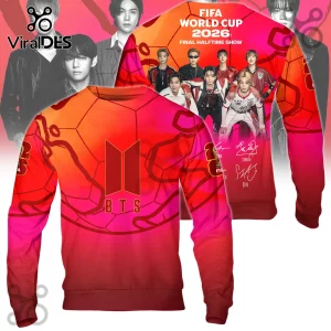 BTS FIFA World Cup 2026 Pullover Hoodie featuring red and orange soccer ball graphics, BTS members, and printed signatures.