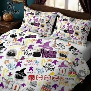 Hocus Pocus 2026 Halloween Bedding Set with purple, orange, and black witch hat, cauldron, and quote pattern on white fabric.