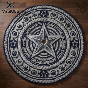 Dallas Cowboys Knitted Christmas Tree Skirt 2026 featuring a central star, navy blue and silver yarn, and braided edges.