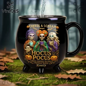 Hocus Pocus Three Sisters Cauldron Ceramic Mug featuring skeleton witches, pumpkin icons, and Coffee & Scream text in black.