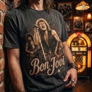 Bon Jovi New Jersey Concert Black Shirt featuring vintage band graphics, faded charcoal cotton fabric, and classic logo.