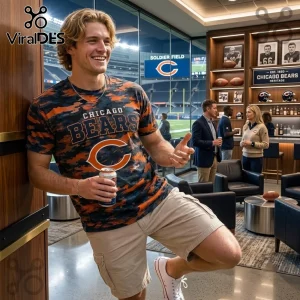 Chicago Bears NFL Camouflage T-Shirt with orange and navy pattern, featuring team name and logo in a stadium lounge.