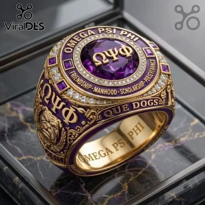 Omega Psi Phi Fraternity Bulldog Ring in gold featuring a large purple center stone, Greek letters, and diamond accents.