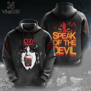 Ozzy Osbourne Speak of the Devil black hoodie featuring front face print and back text graphic on a charcoal background.