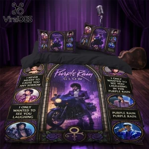 Prince Purple Rain Glow Duvet Bedding Set features Prince on a motorcycle, lyric panels, and purple floral imagery.