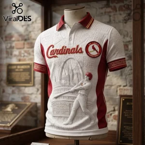 St. Louis Cardinals Busch Stadium Embossed Polo Shirt with white base, red accents, and a sculpted baseball player graphic.