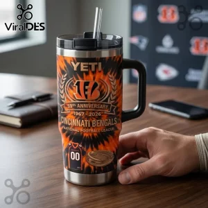 Cincinnati Bengals 59th Anniversary Stanley Tumbler with orange and black flame pattern, team logo, and jersey graphic.