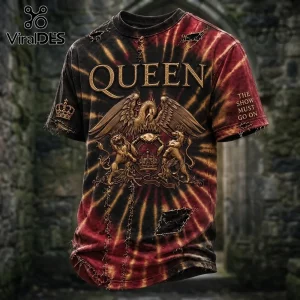 Queen The Show Must Go On tie dye t-shirt with gold crest graphic, distressed edges, and dark red and black sunburst pattern.