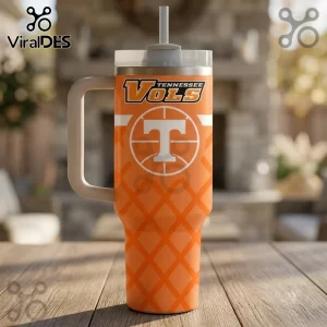 Tennessee Volunteers Basketball Orange Stanley Tumbler featuring the Vols logo, basketball graphic, and a white handle.