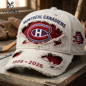 Montreal Canadiens 1909-2026 Distressed Baseball Cap in beige with red accents, embroidered logos, and frayed edges.