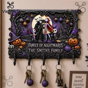 Nightmare Before Christmas 2026 Key Holder featuring Jack, Sally, and family figures with four black metal key hooks.