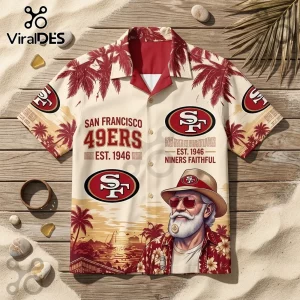 San Francisco 49ers NFL Aloha Hawaiian shirt with team logos, tropical palm trees, and vintage aesthetic on beige fabric.