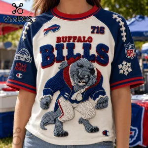 Buffalo Bills NFL Embroidered Mascot Shirt with blue sleeves and Bills Mafia branding on a cream cotton fabric base.