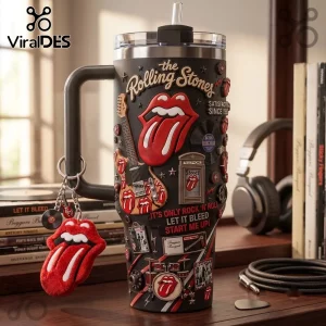 Premium The Rolling Stones 40oz Stanley Tumbler in matte black featuring red tongue logo, guitar, and vinyl record graphics.