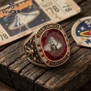 Parliament Funkadelic Mothership Red Gemstone Championship Ring featuring a central spaceship motif on a wooden surface.