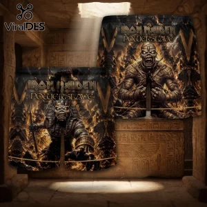 Iron Maiden Powerslave Hawaiian shirt and shorts set featuring Eddie the mummy graphic against a fiery desert background.