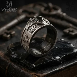 Ozzy Osbourne Villa Park 2025 Black Stainless Steel Ring featuring bat-wing detailing and an etched interior inscription.