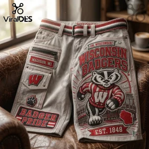 Wisconsin Badgers Embroidered Cargo Shorts in beige with red and white team mascot graphics and cargo pockets.