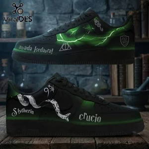 Voldemort Dark Arts Harry Potter Air Force 1 Sneakers in black and green featuring Deathly Hallows and snake motifs.