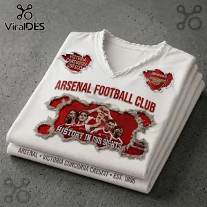 Arsenal Football Club Victoria Concordia Crescit shirt in white featuring team players and distressed graphics on grey base.