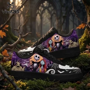 The Nightmare Before Christmas Gothic Halloween Air Force Sneakers featuring Jack Skellington, Sally, and Oogie Boogie.