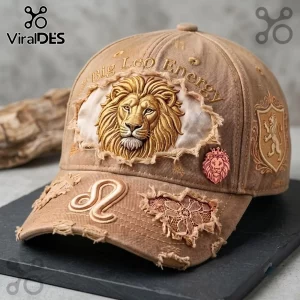 Leo Zodiac Khaki Distressed Baseball Cap featuring an embroidered lion head, Big Leo Energy text, and an astrological symbol.