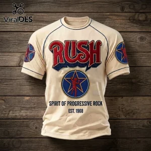 Rush Progressive Rock Band Beige T-Shirt featuring a red logo, blue star emblem, and vintage wood plank background.