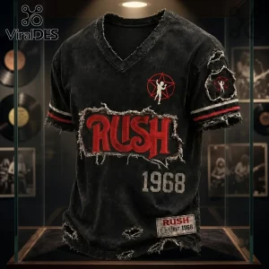Rush Rock Band Limited Edition Distressed T-Shirt featuring a black acid-wash fabric, red band logo, and 1968 graphic.
