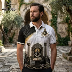 Freemasonry Square and Compass Black White Polo Shirt with detailed masonic temple print and gold emblems on the chest.