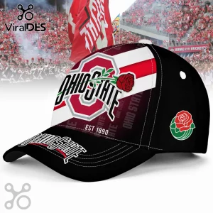 Ohio State Buckeyes Rose Logo Baseball Cap featuring a scarlet block O, a red rose, and text on a black background.