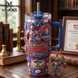Newcastle Knights 38 Years Stanley Tumbler featuring team logos, McDonald Jones Stadium, and a knight character keychain.