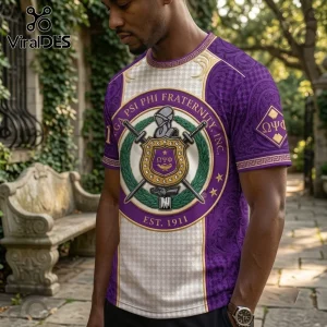 Omega Psi Phi Fraternity Purple Crest T-Shirt featuring a central ornate shield, crossed swords, and Greek lettering motif.