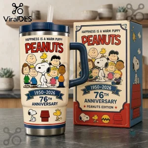 Peanuts 76th Anniversary Snoopy and Friends Stanley Tumbler featuring colorful character graphics and a matching gift box.