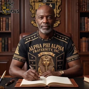 Alpha Phi Alpha Fraternity 1906 Gold Emblem T-Shirt on a man writing in a book against a wooden library background.
