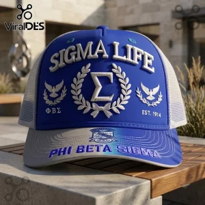 Phi Beta Sigma 1914 Blue White Cap featuring Sigma Life text, a central laurel wreath with Sigma symbol, and dove emblems.