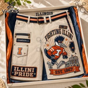 University of Illinois Fighting Illini khaki cargo shorts with embroidered mascot, team patches, and striped web belt.