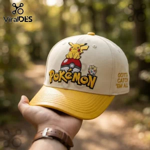 Pokemon Pikachu Togepi Yellow Brim Baseball Cap with embroidered characters on a cream crown and a yellow leather-look brim.
