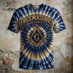 Freemasonry Premium Tie-Dye T-Shirt featuring a blue and gold sunburst pattern with a large Masonic square and compass.