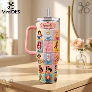 Sophia Magic Princess Limited Edition 40oz Tumbler with a grid of 3D-style fairytale character icons and a pink handle.