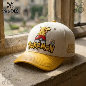 Pokemon Pikachu Togepi Yellow Brim Baseball Cap featuring embroidered characters, a Pokeball, and text on a cream base.