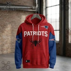 New England Patriots x Spider-Man Brand New Day Hoodie featuring team logo, spider web pattern, and red and blue colors.